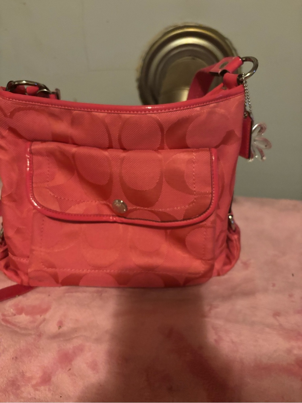 Coach Coral Pink Signature Nylon Shoulder Bag